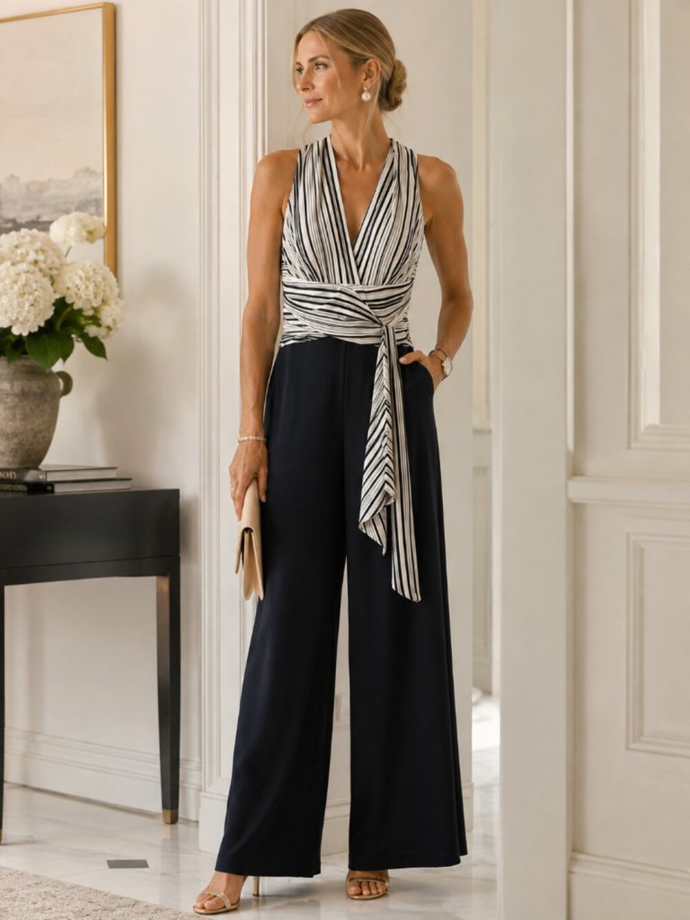 VTG NWT FRANK LYMAN Wide Leg Halter Jumpsuit Navy White Stripe Chic old Money 6